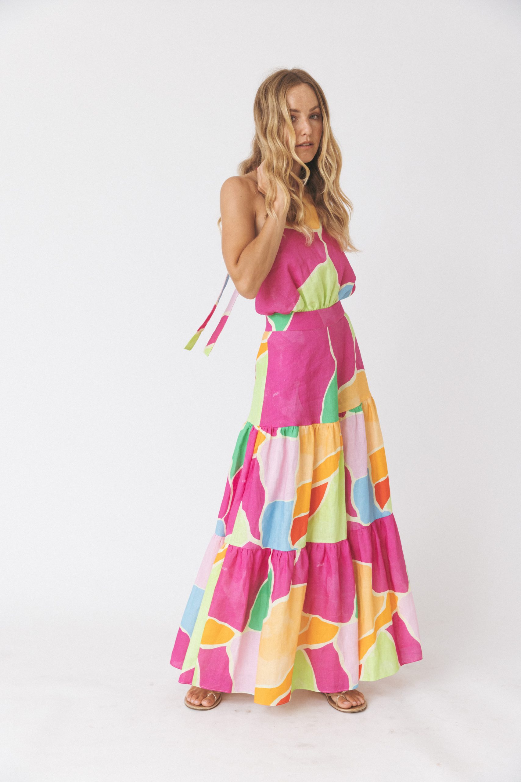 Vestido em Linho sem Costas Azul-claro-3