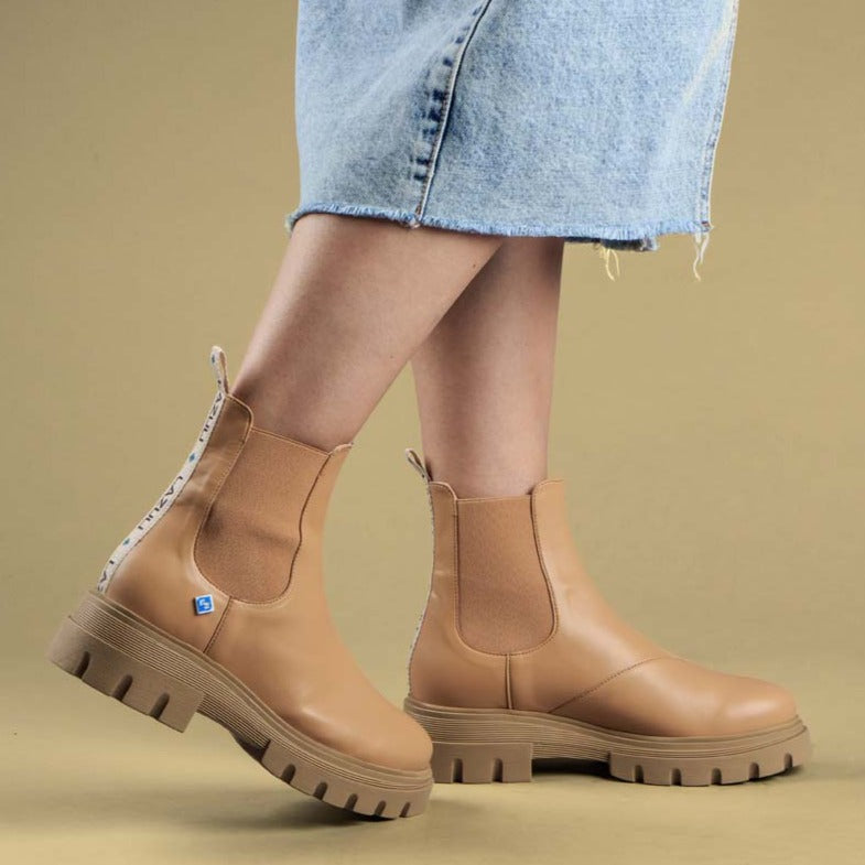 Botins de senhora vegan camel estilo chelsea Camel-3