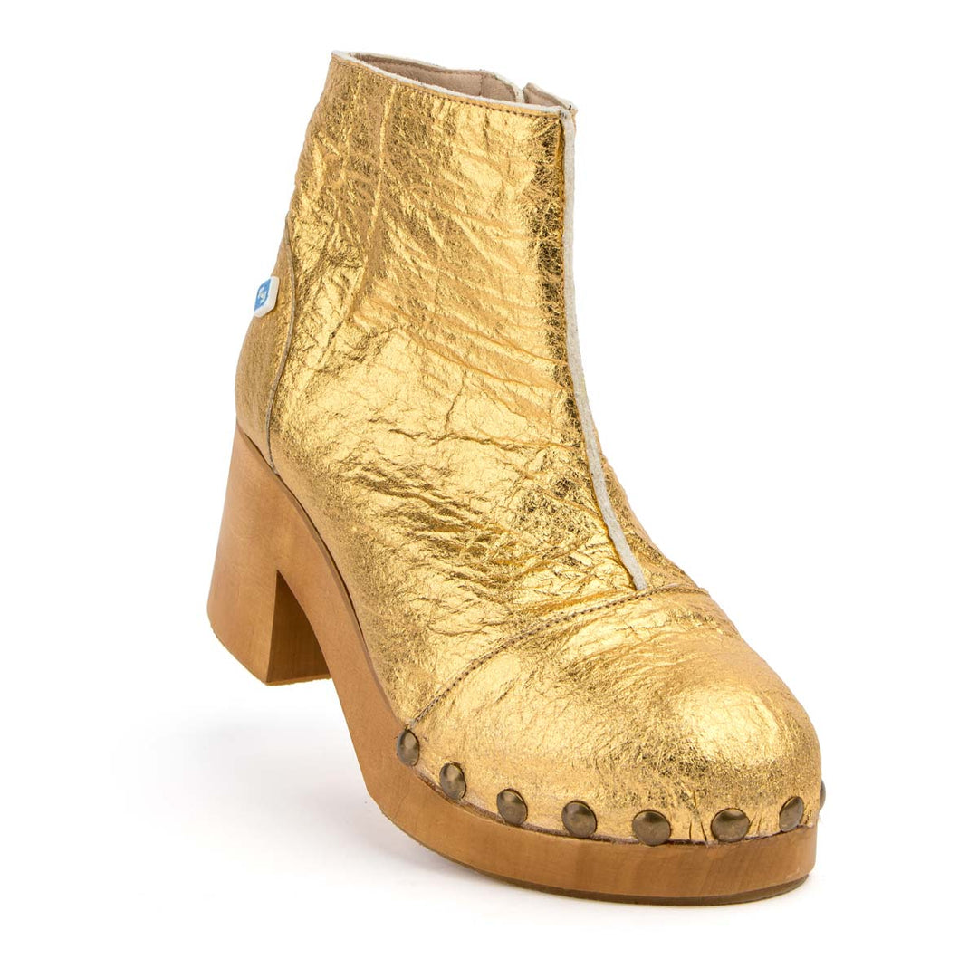 Botim vegan de senhora dourado com sola de madeira Gold-2