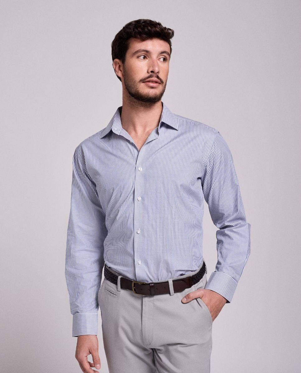Camisa Clássica ás Riscas 100% Algodão Azul-1