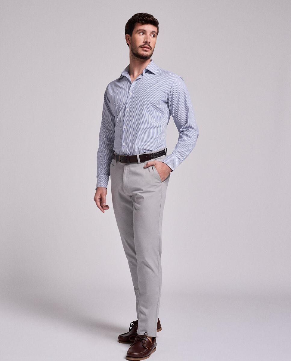 Camisa Clássica ás Riscas 100% Algodão Azul-2
