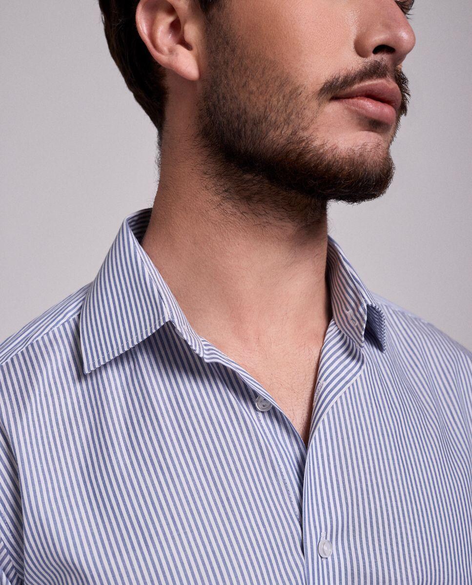 Camisa Clássica ás Riscas 100% Algodão Azul-4