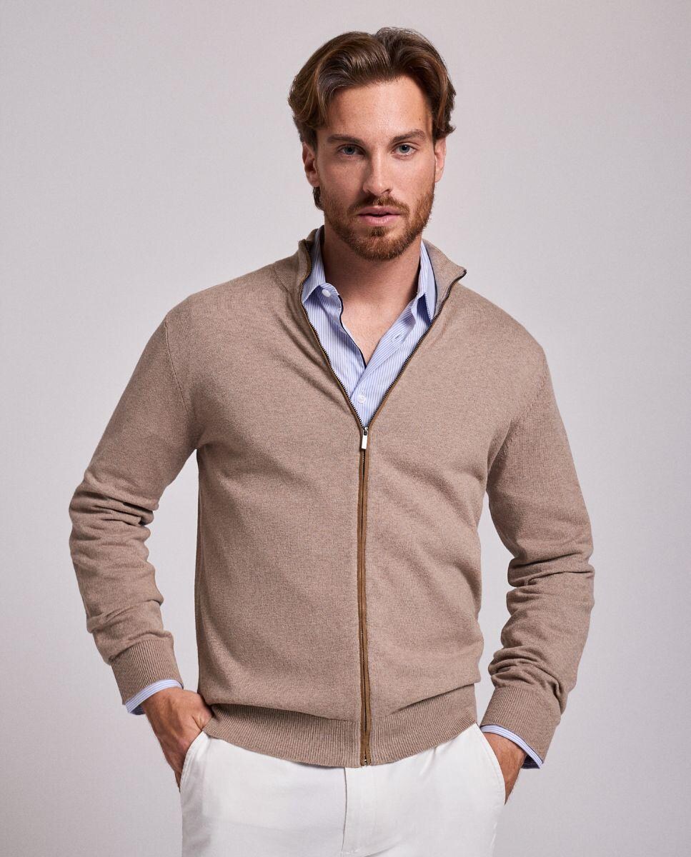 Camisola em Malha de Manga Comprida com Gola com Fecho Zip Bege-1