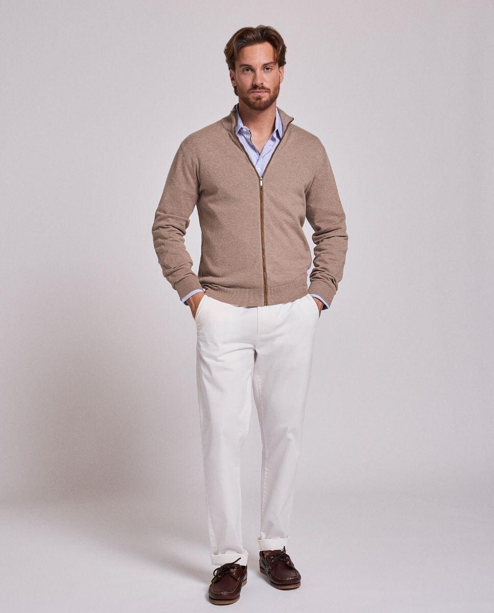 Camisola em Malha de Manga Comprida com Gola com Fecho Zip Bege-2
