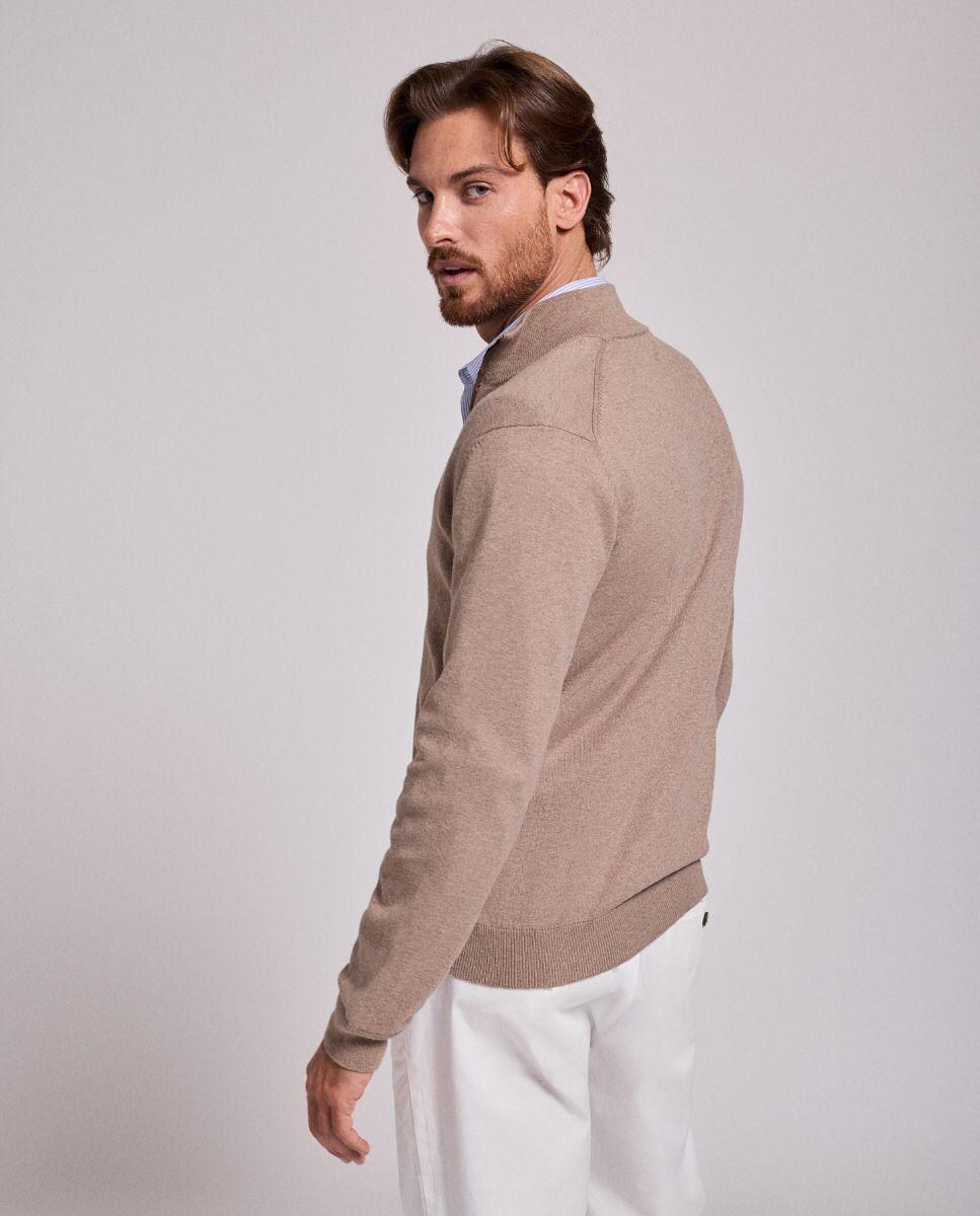 Camisola em Malha de Manga Comprida com Gola com Fecho Zip Bege-3