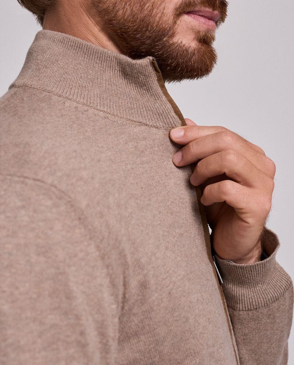 Camisola em Malha de Manga Comprida com Gola com Fecho Zip Bege-5