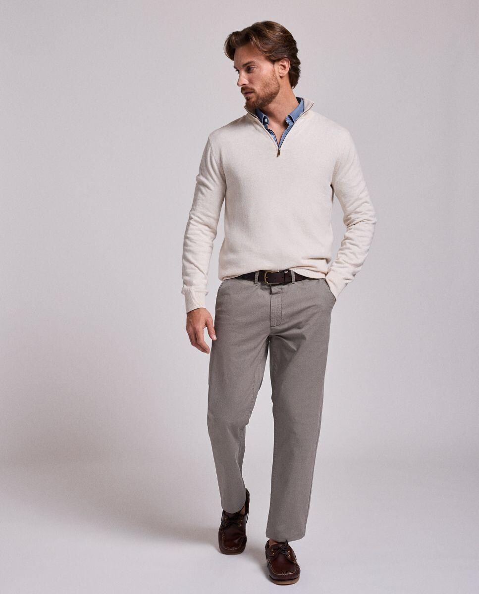 Camisola em Malha de Manga Comprida com Gola com Fecho Zip Creme-2