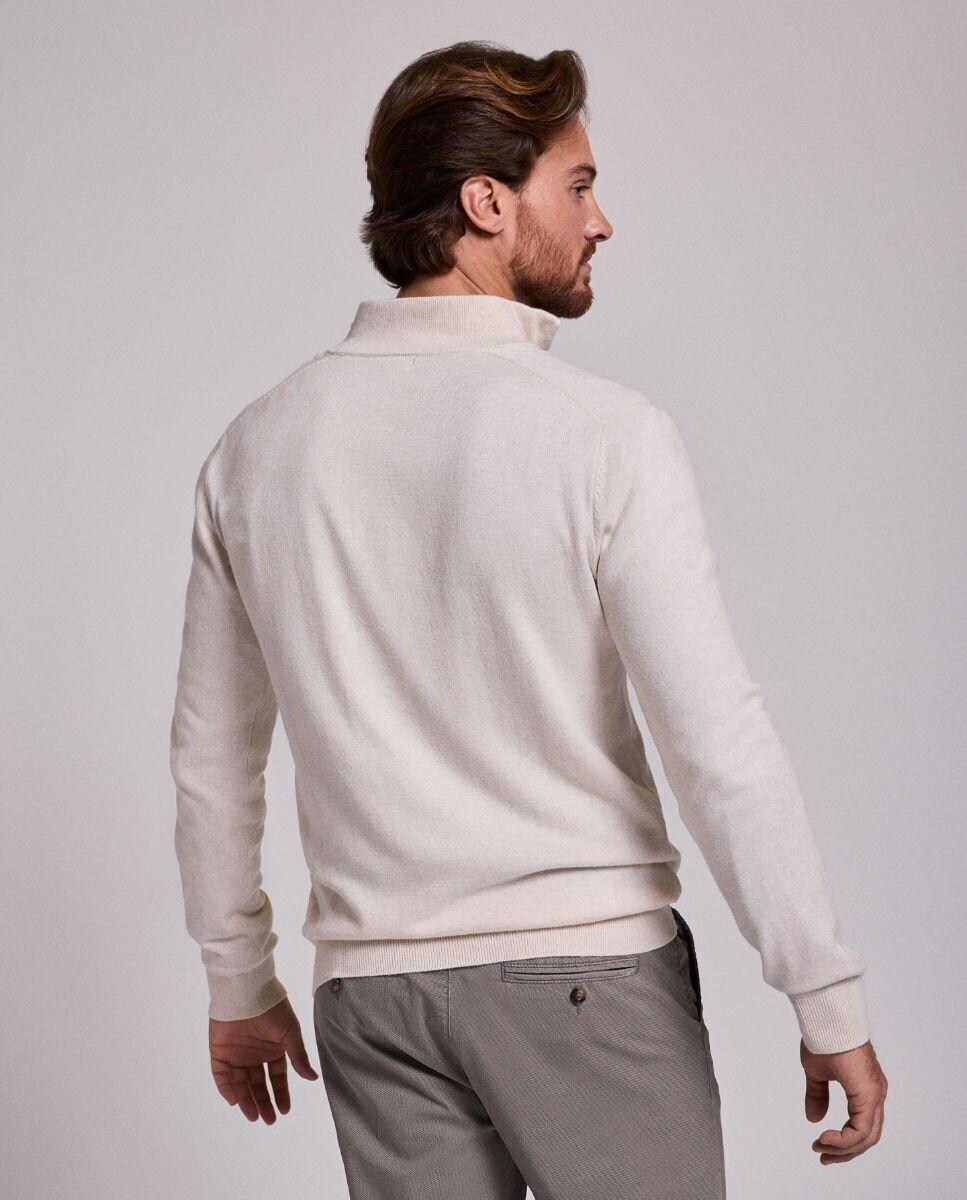 Camisola em Malha de Manga Comprida com Gola com Fecho Zip Creme-3