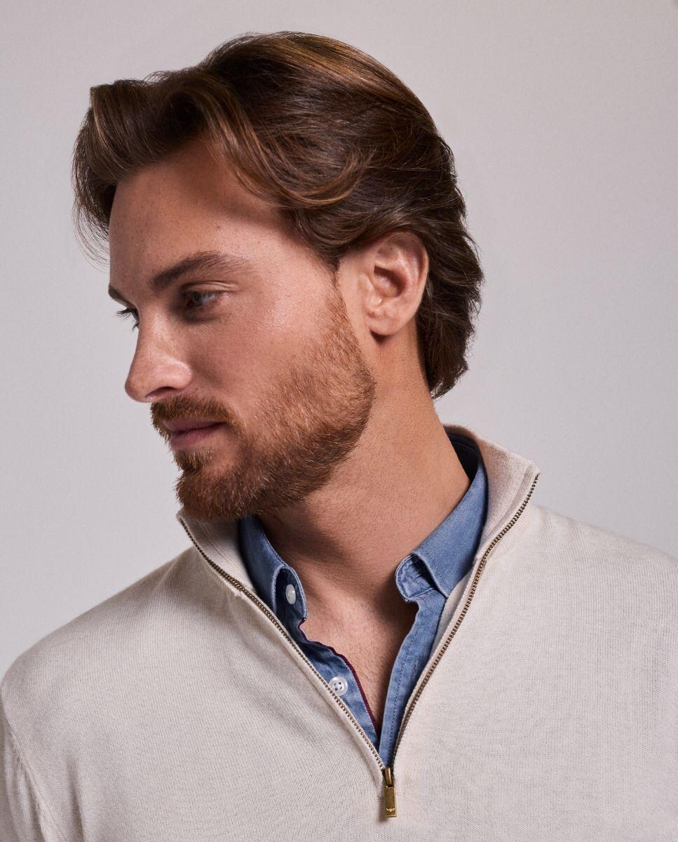 Camisola em Malha de Manga Comprida com Gola com Fecho Zip Creme-4