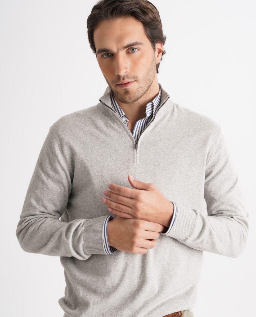 Camisola em Malha de Manga Comprida com Gola com Fecho Zip Creme-1