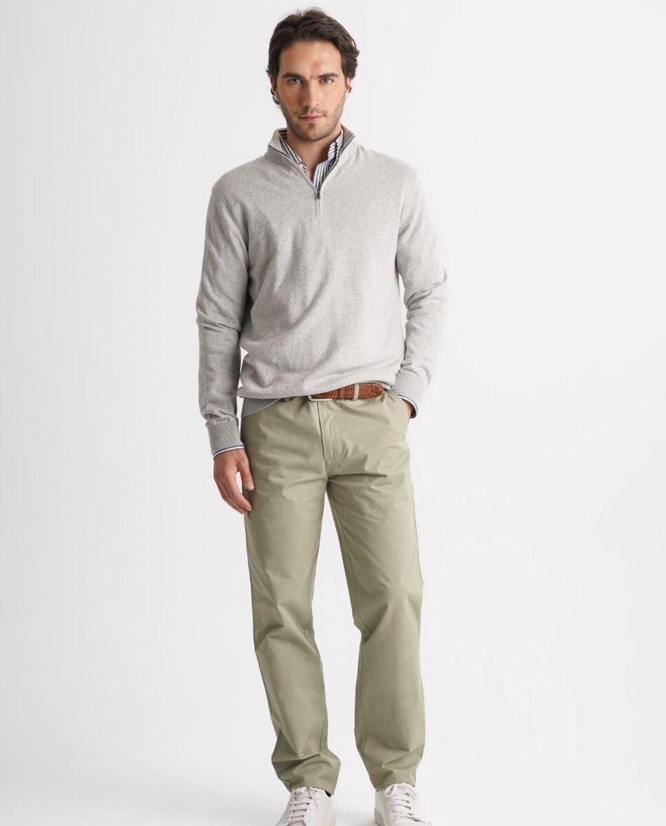 Camisola em Malha de Manga Comprida com Gola com Fecho Zip Creme-2