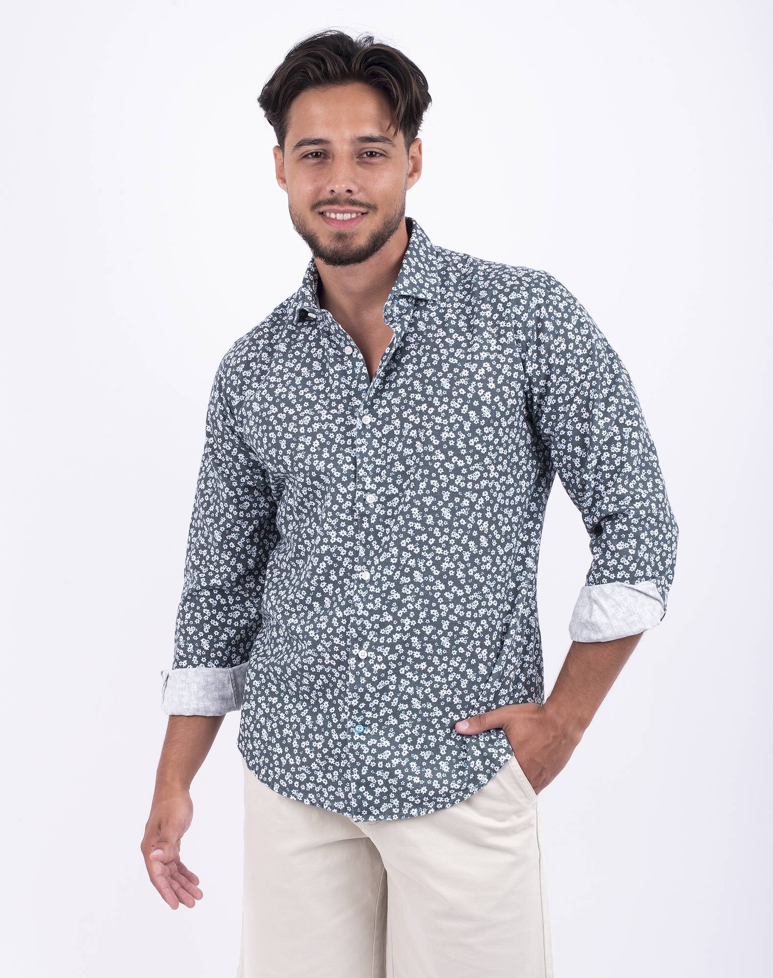 Camisa Floral em algodão orgânico Cinzento-2