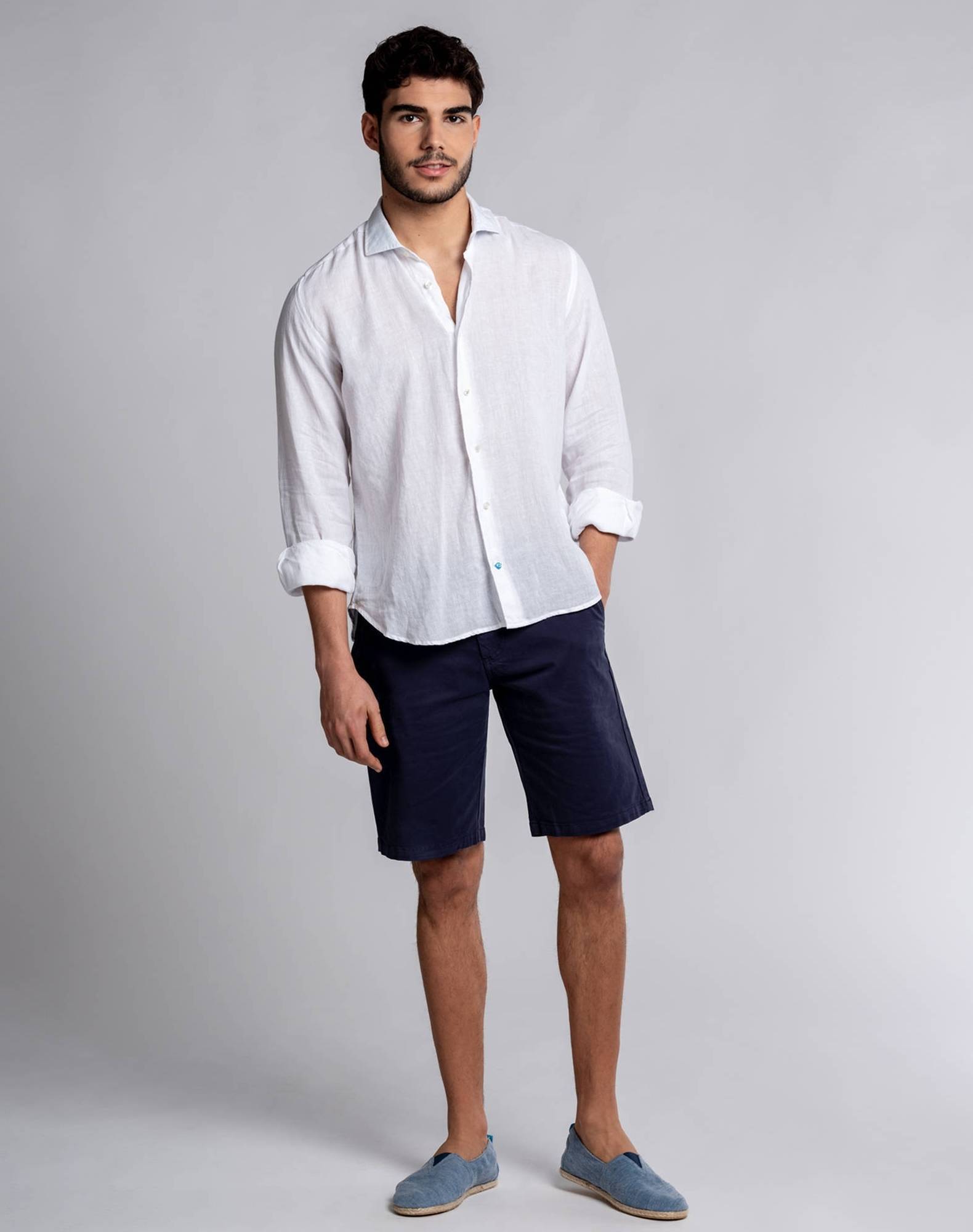 Camisa lisa em linho Branco-4