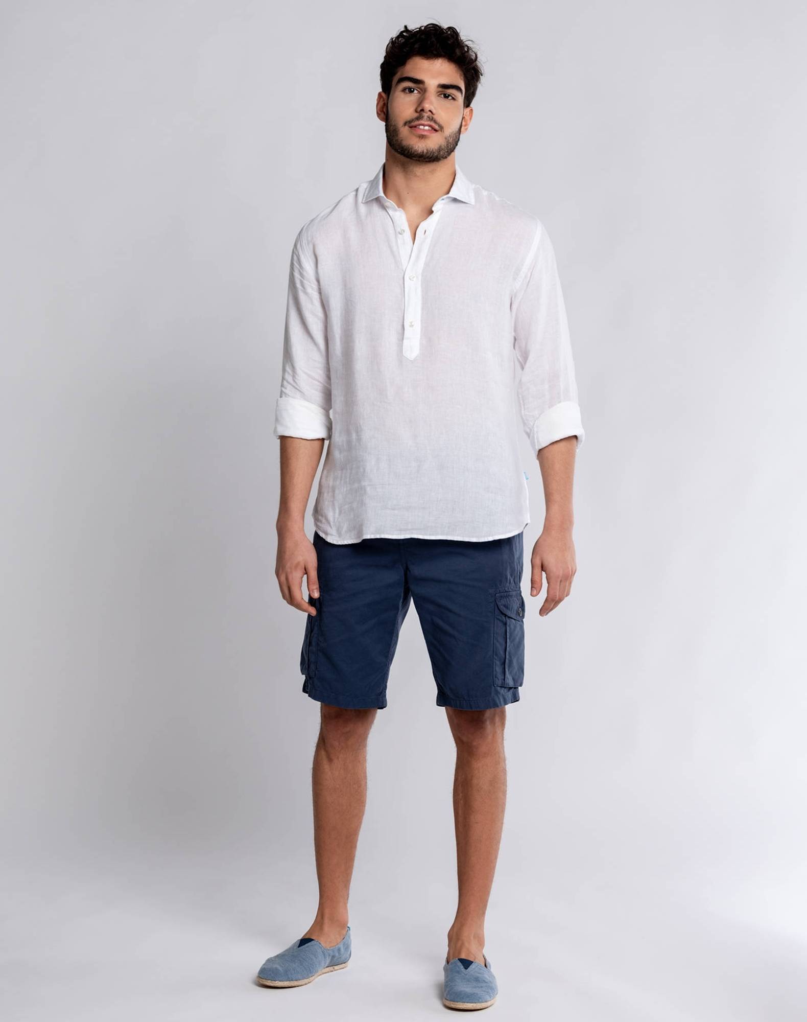Camisa Polera lisa em linho Branco-4