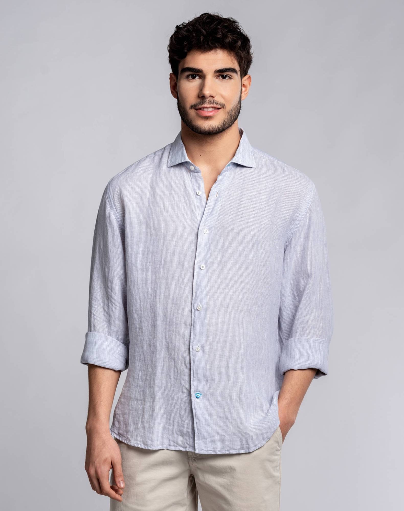 Camisa às riscas em linho Cinzento-2