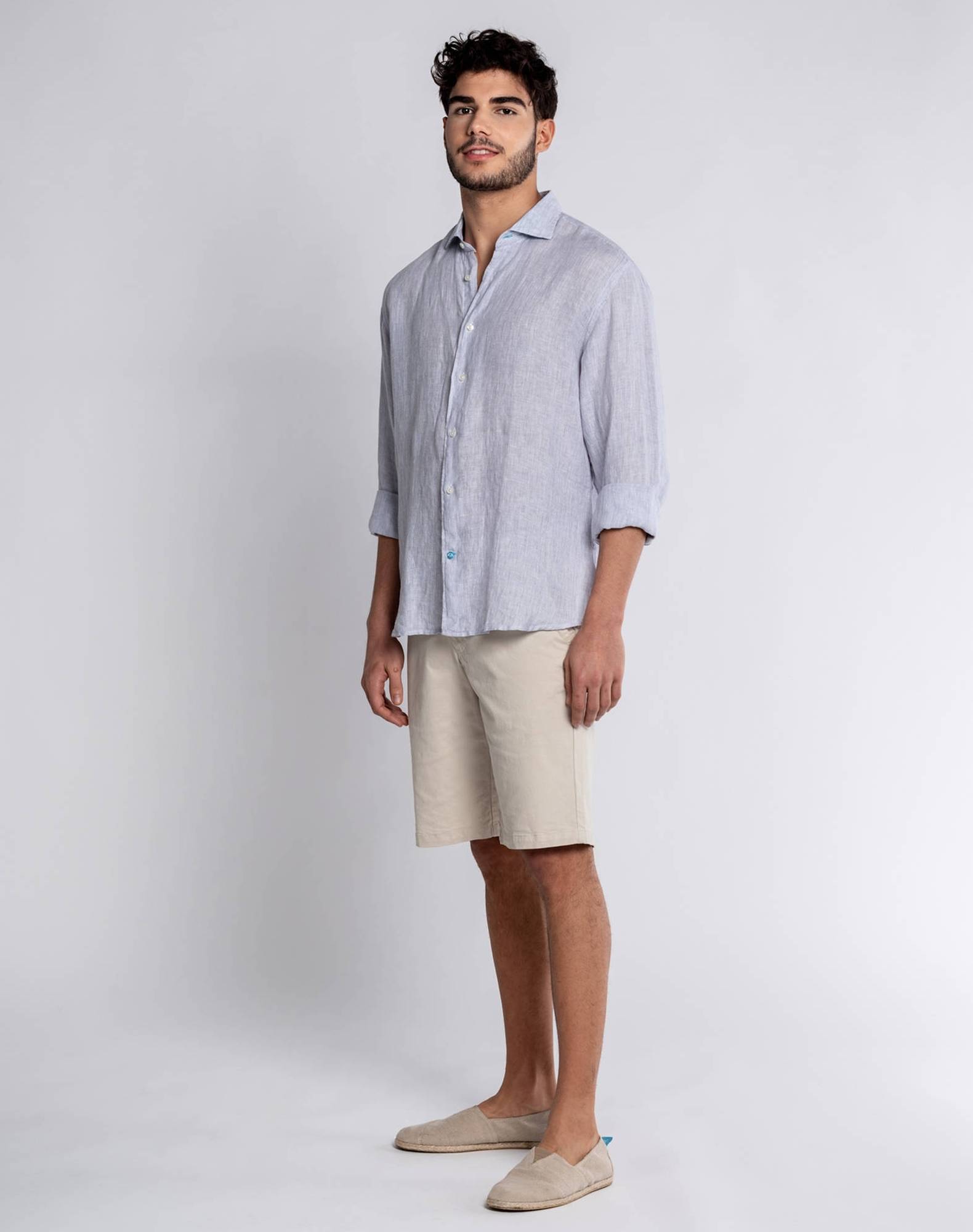 Camisa às riscas em linho Cinzento-4