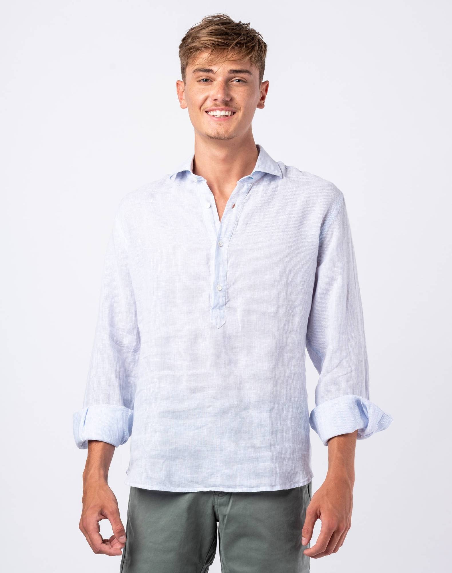 Camisa Polera às riscas em linho Azul-claro-2