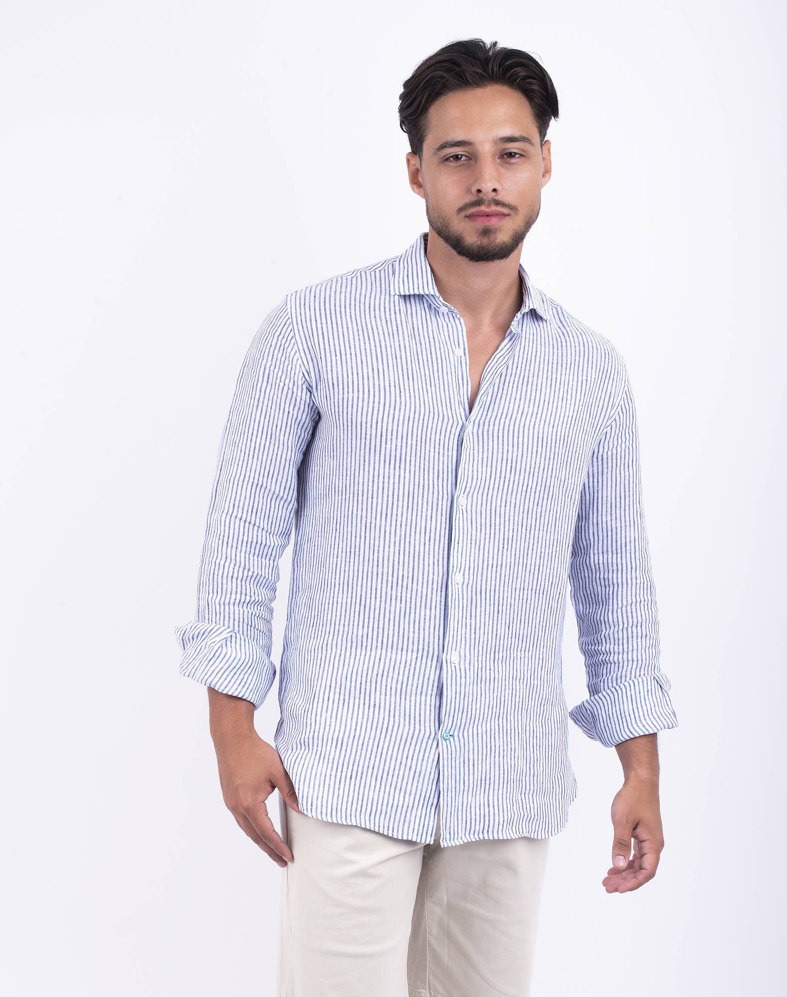 Camisa às riscas em linho Azul-2