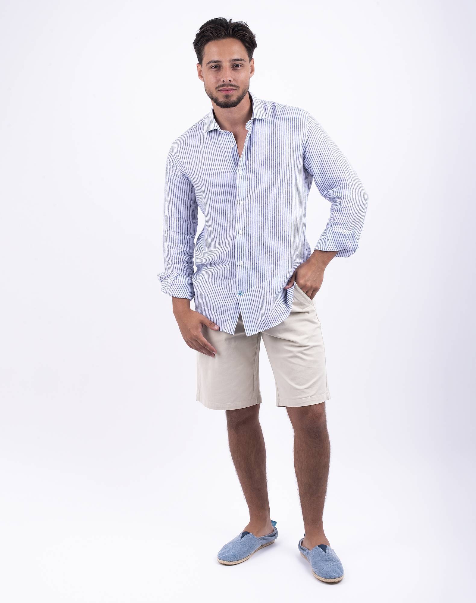 Camisa às riscas em linho Azul-3