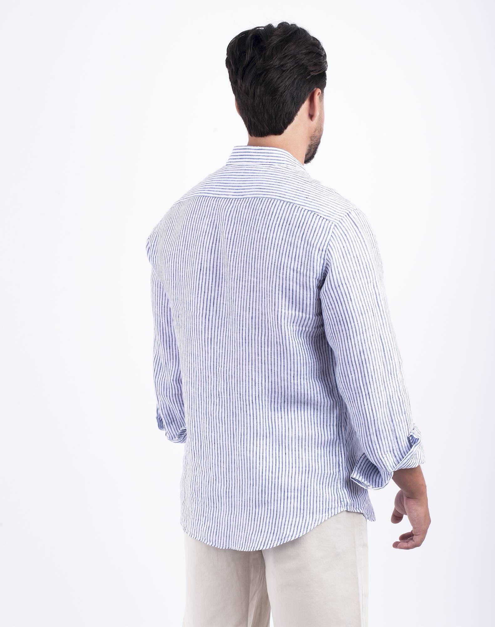 Camisa às riscas em linho Azul-4