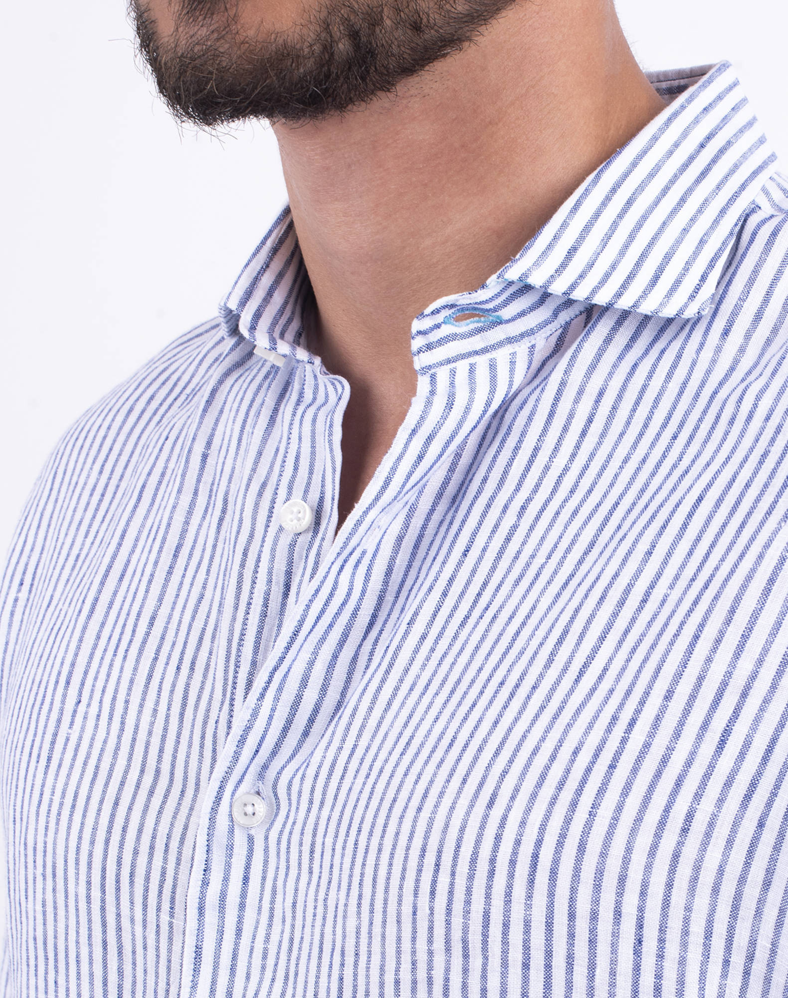 Camisa às riscas em linho Azul-5
