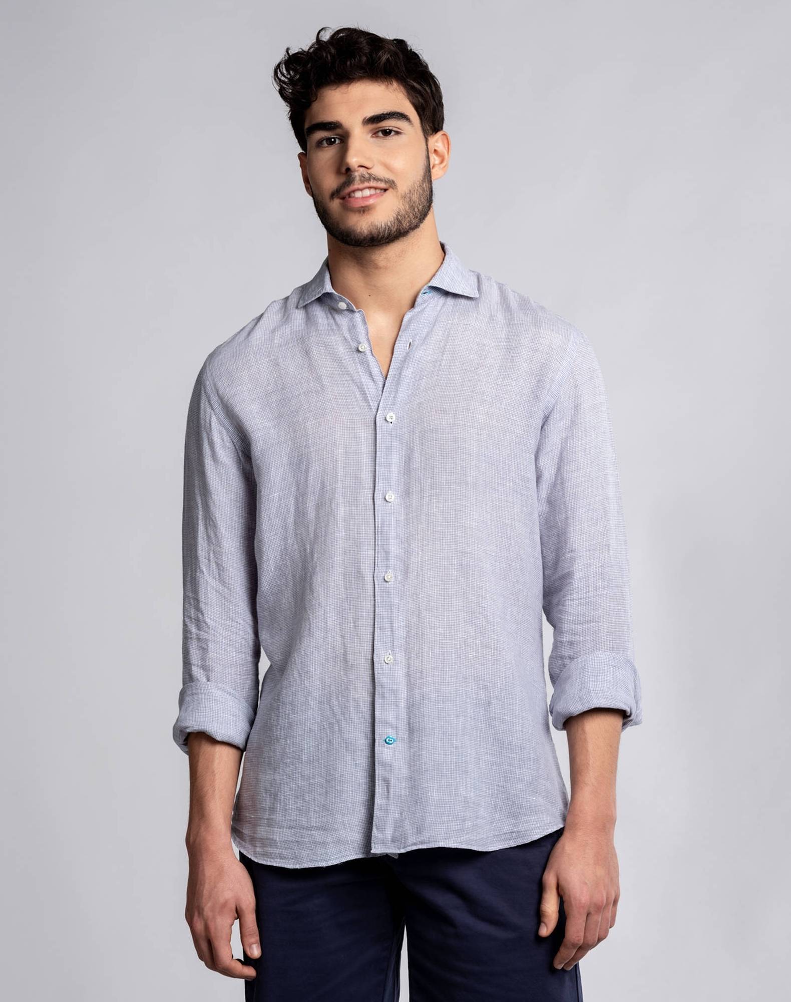 Camisa vichy em linho Cinzento-2