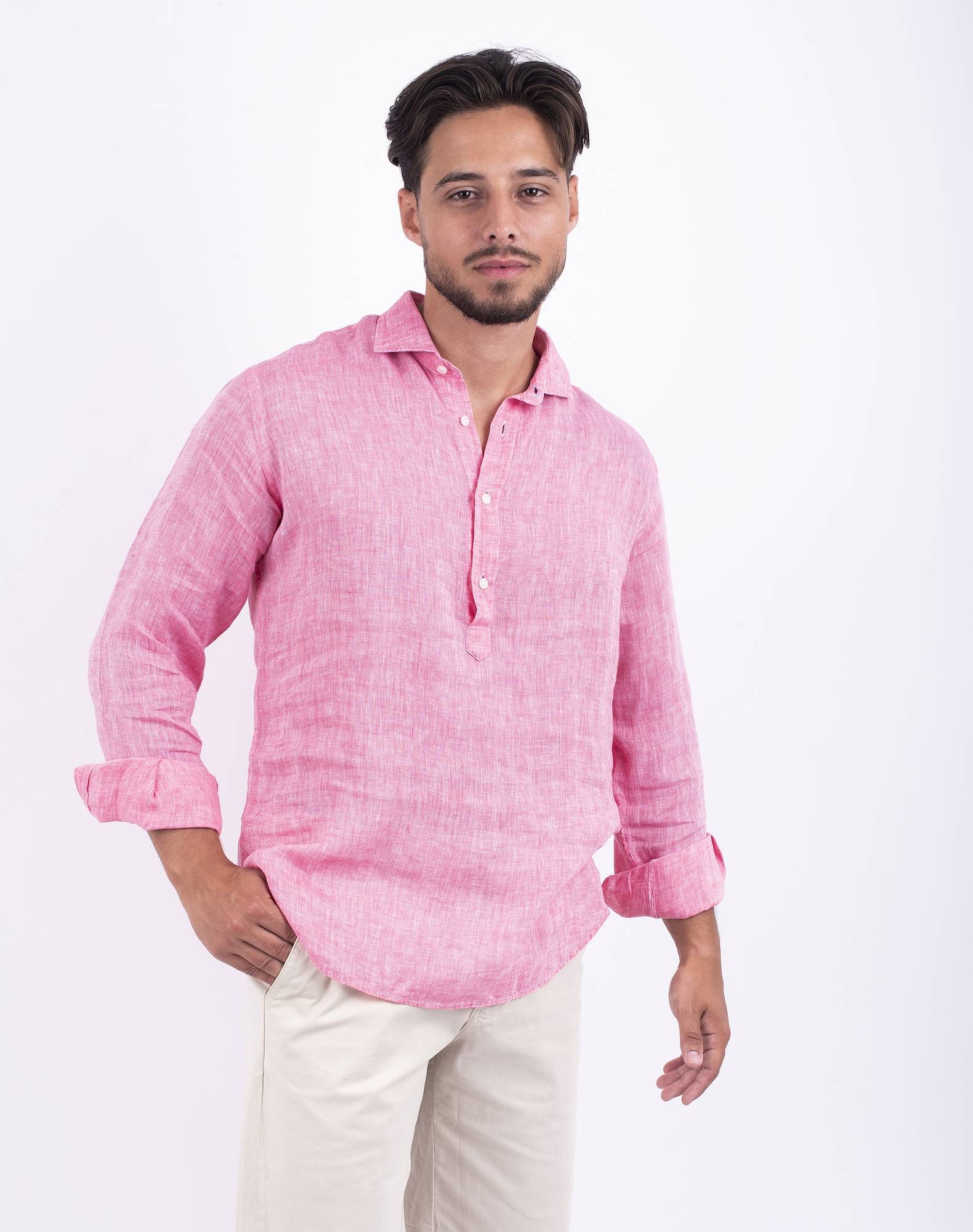Camisa Polera lisa em linho Rosa-2