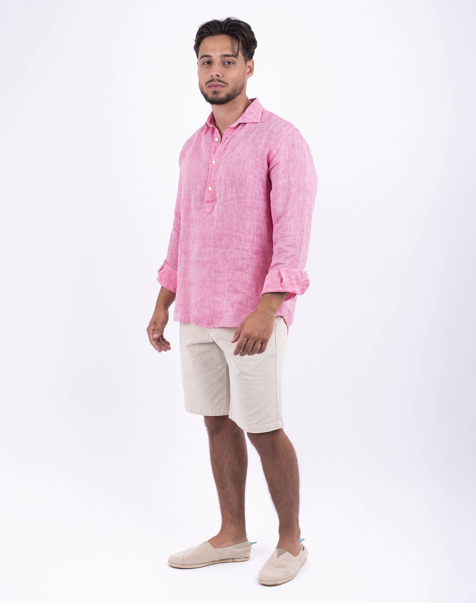Camisa Polera lisa em linho Rosa-3