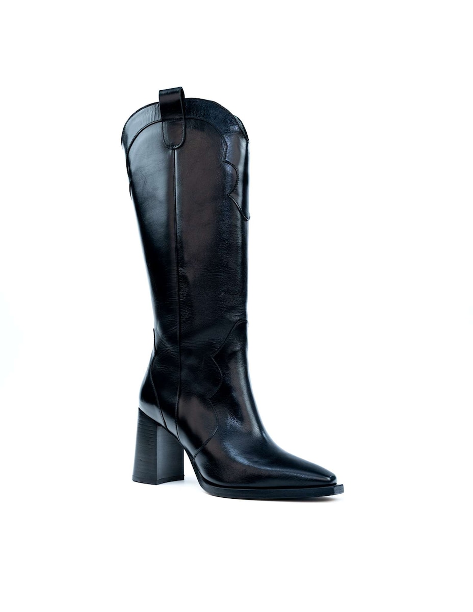 Bota Alta em Pele com Salto Alto e Fecho - Preto Preto-2