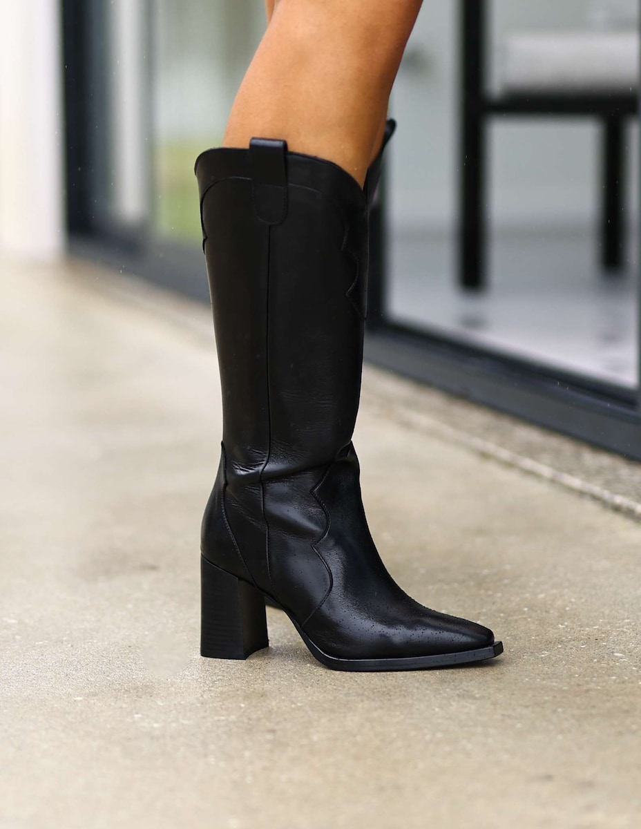 Bota Alta em Pele com Salto Alto e Fecho - Preto Preto-4