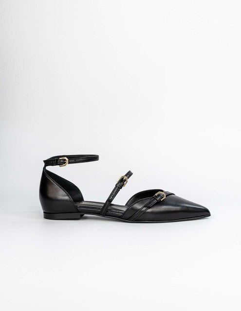 Imagem 0 de Sapatos Rasos em Pele com Fivelas - Preto