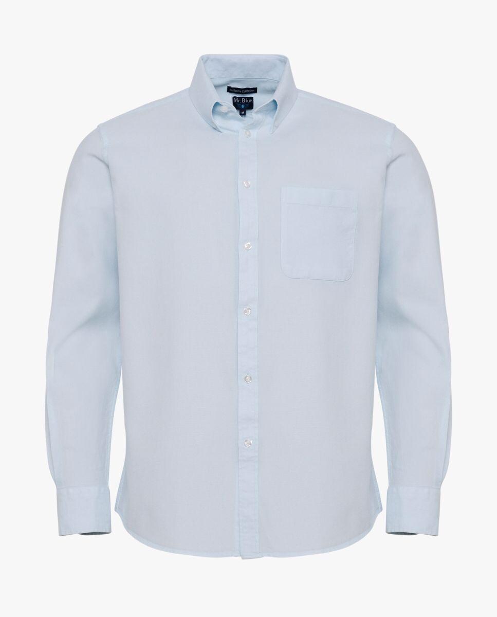 Camisa Lisa de Manga Comprida 100% Algodão com Bolso Azul-claro-1