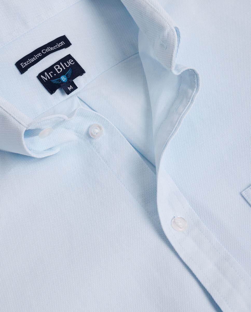 Camisa Lisa de Manga Comprida 100% Algodão com Bolso Azul-claro-2