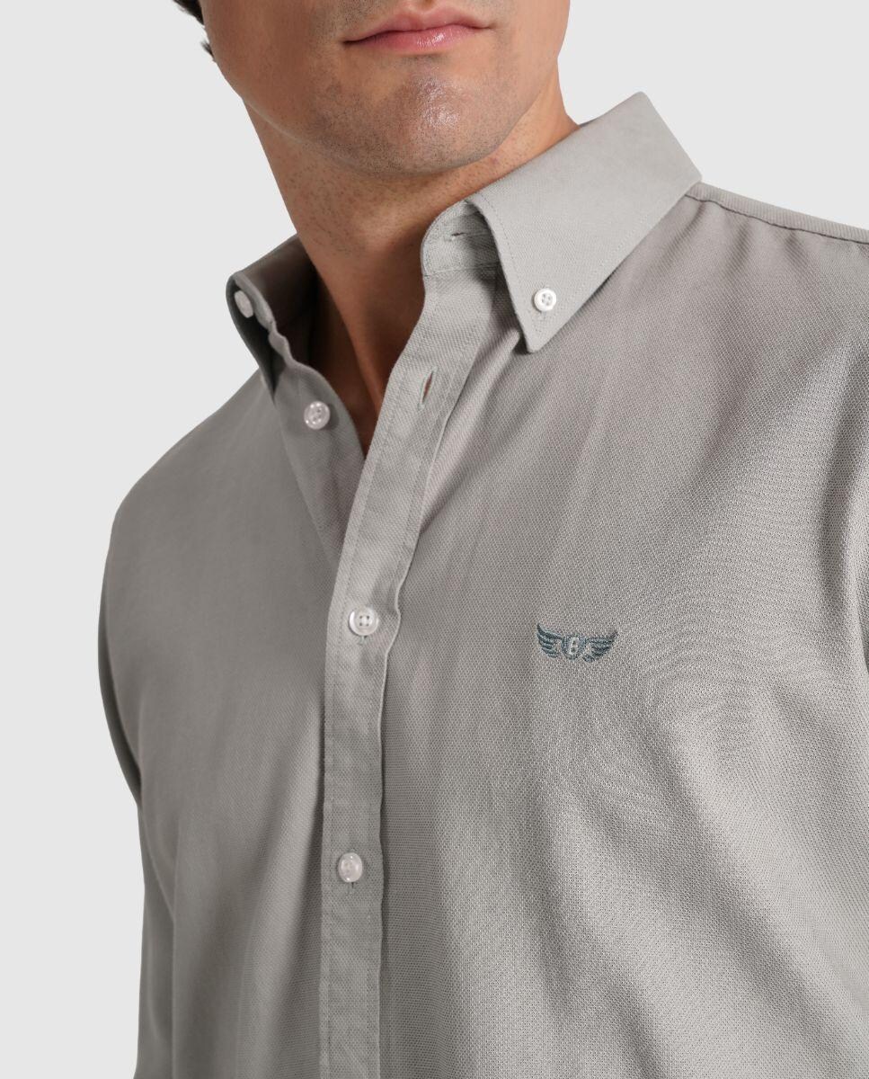 Camisa Lisa de Manga Comprida 100% Algodão com Logo Cinzento-2