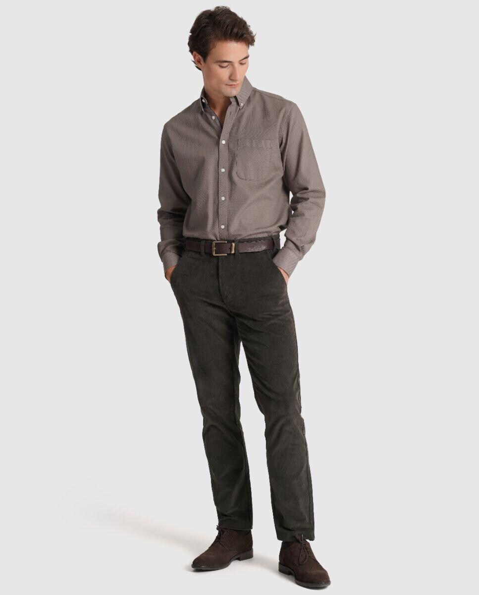 Camisa Lisa de Manga Comprida 100% Algodão com Bolso Taupe-1