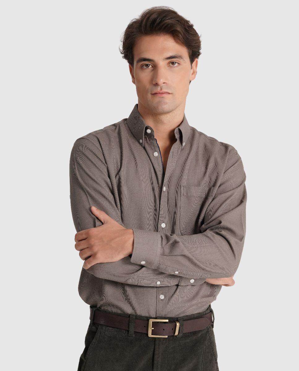 Camisa Lisa de Manga Comprida 100% Algodão com Bolso Taupe-2