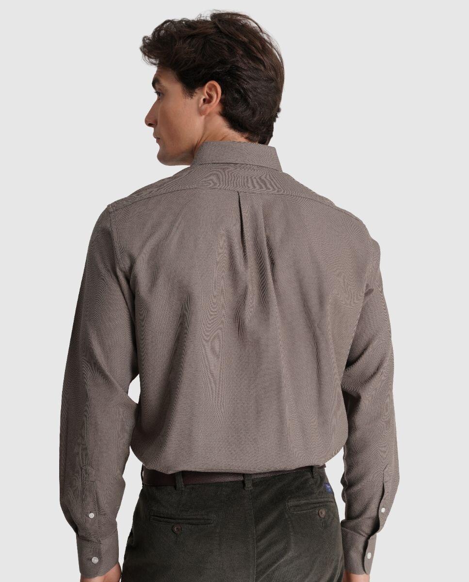 Camisa Lisa de Manga Comprida 100% Algodão com Bolso Taupe-3