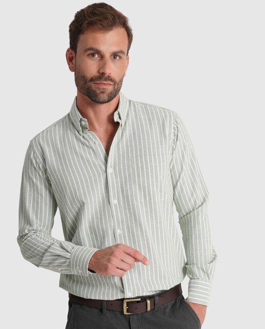 Imagem 0 de Camisa de Manga Comprida 100% Algodão às Riscas com Bolso Frontal