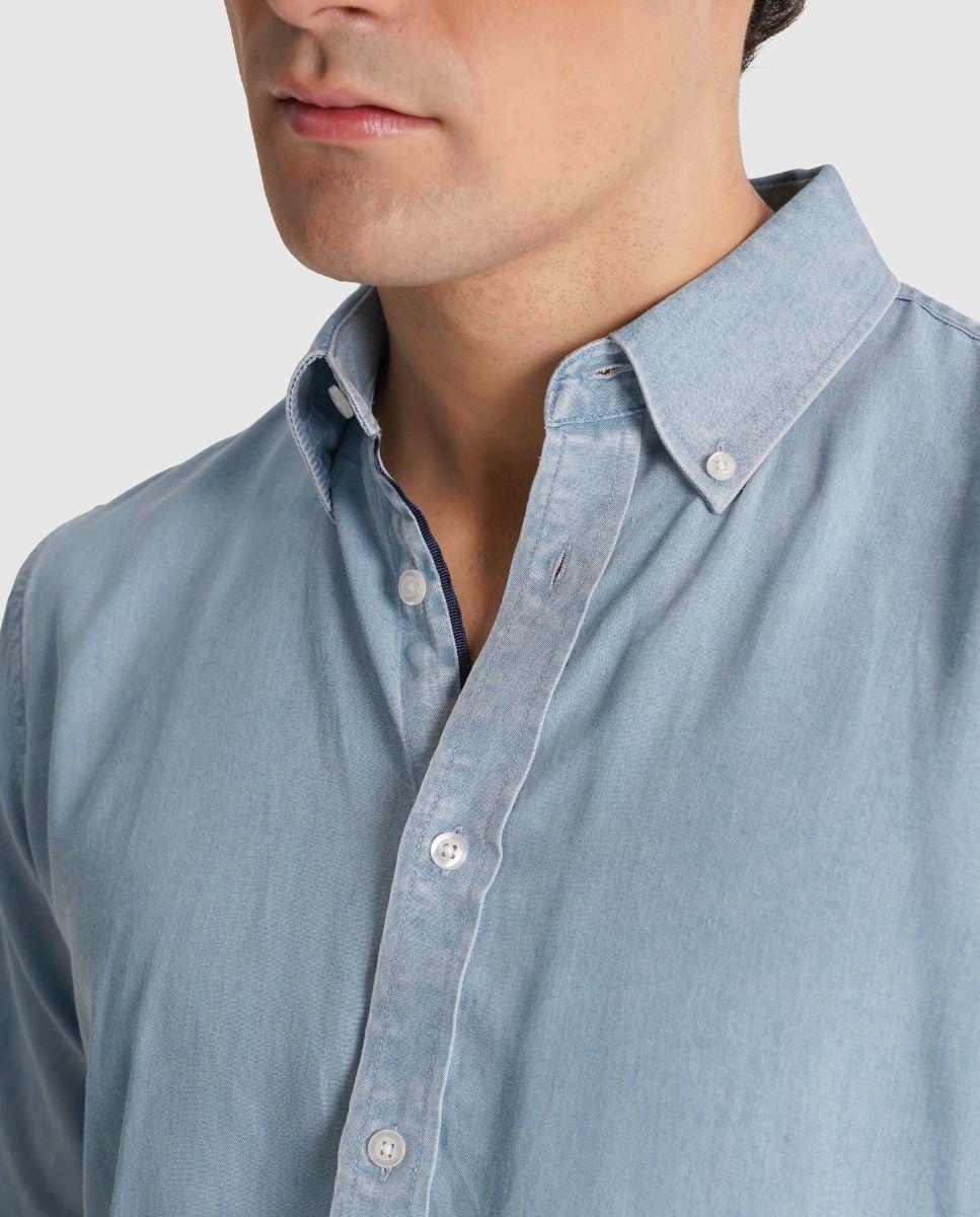 Camisa de Manga Comprida e Punhos com Botões com Design Liso Azul-3