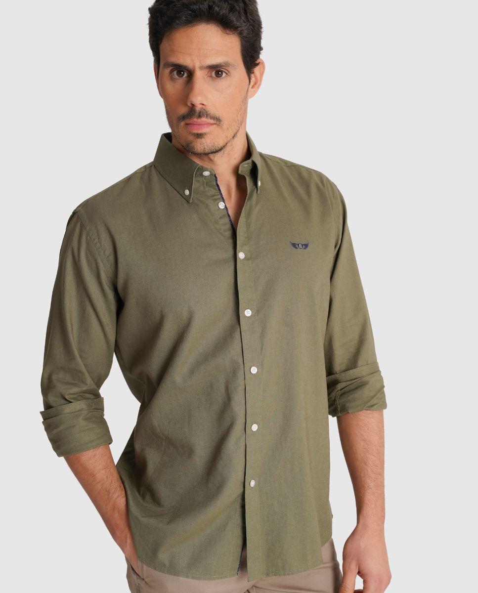 Camisa de Linho com Corte Regular Verde Azeitona-1