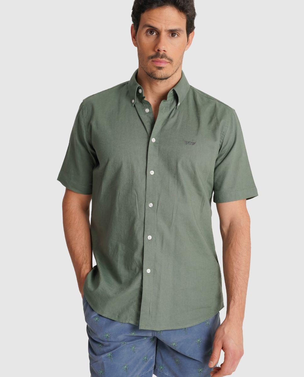 Camisa com Linho e Corte Regular Verde-1