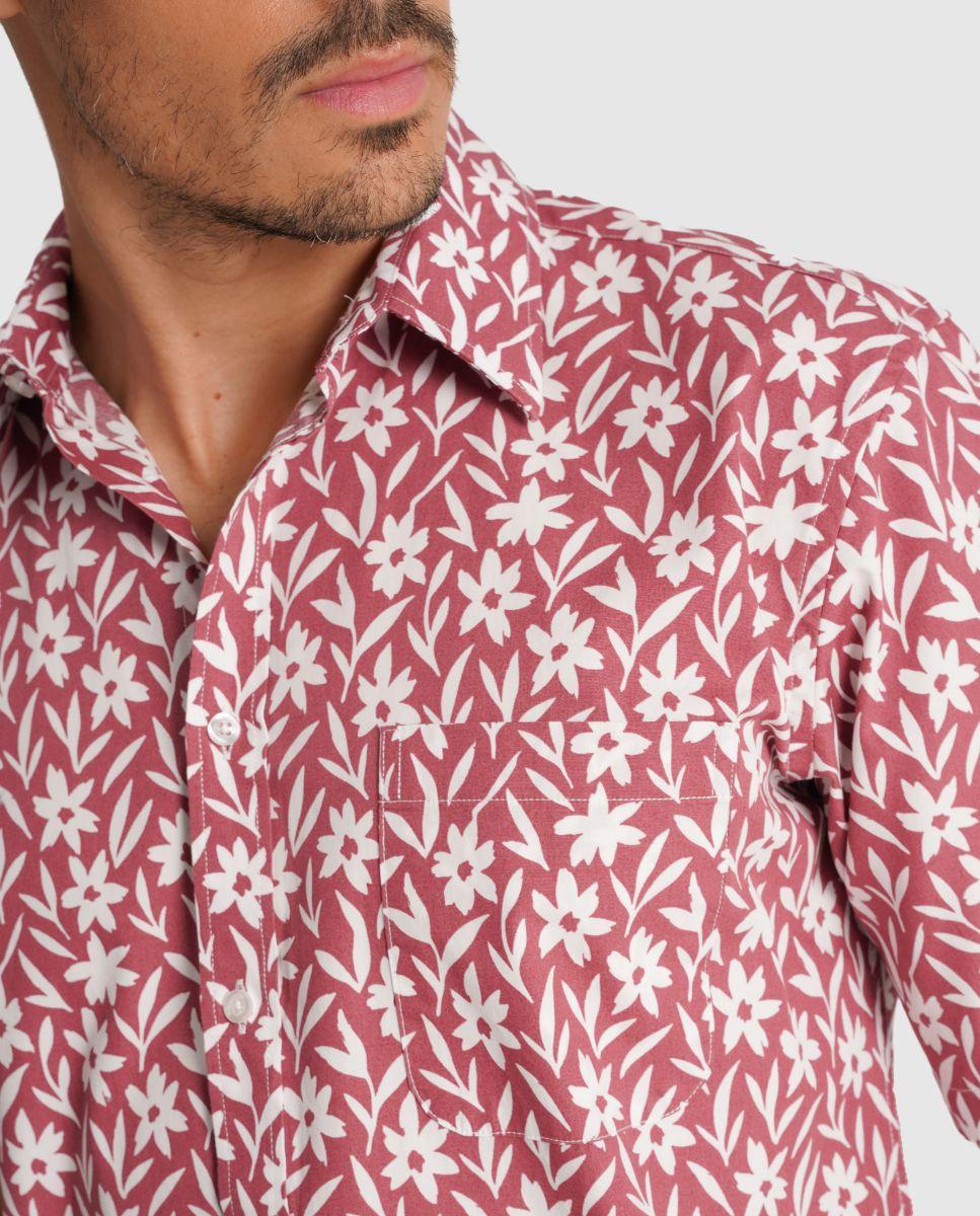 Camisa de Linho com Corte Regular Estampado Rosa-3