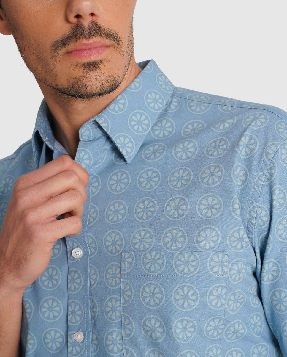 Camisa de Linho com Corte Regular Estampado Azul-3