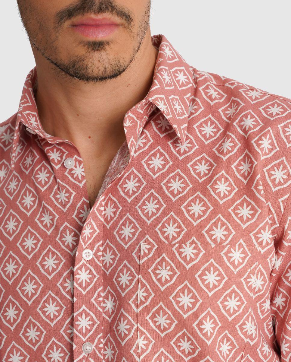 Camisa de Linho com Corte Regular Laranja-3