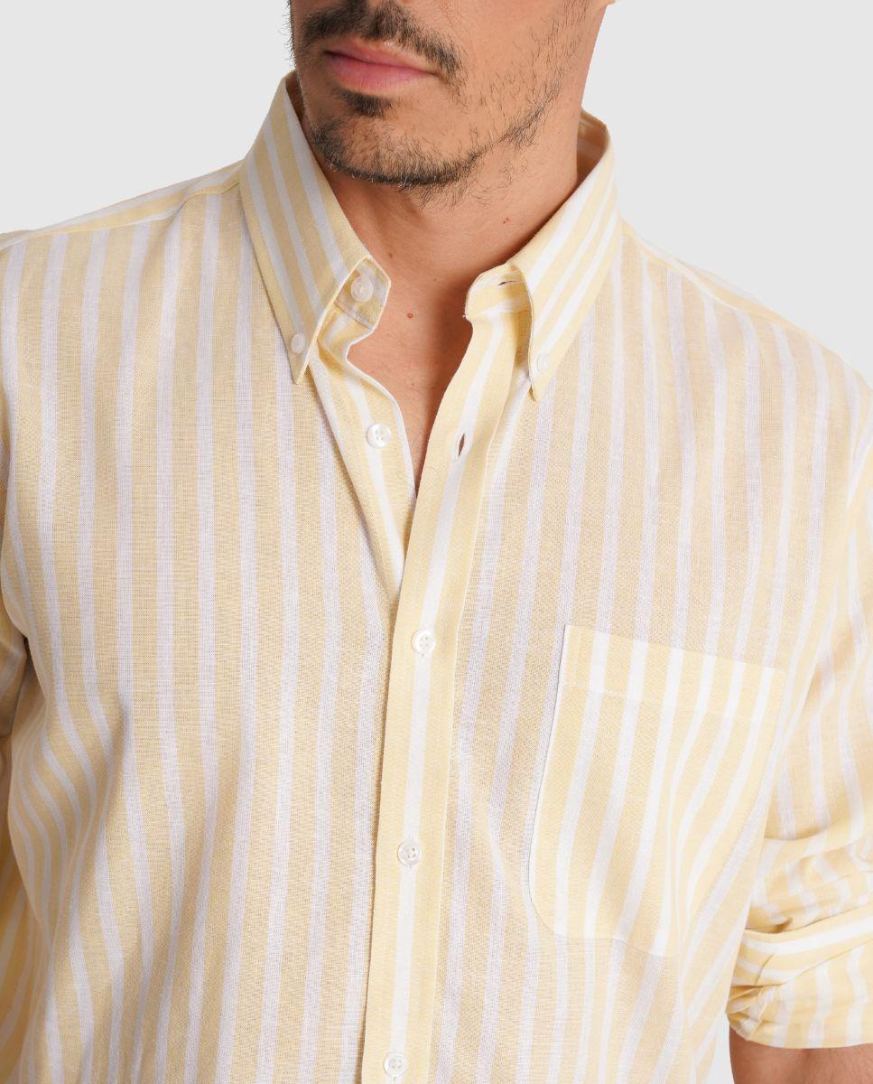 Camisa com Linho Às Riscas e Corte Regular Amarelo-3