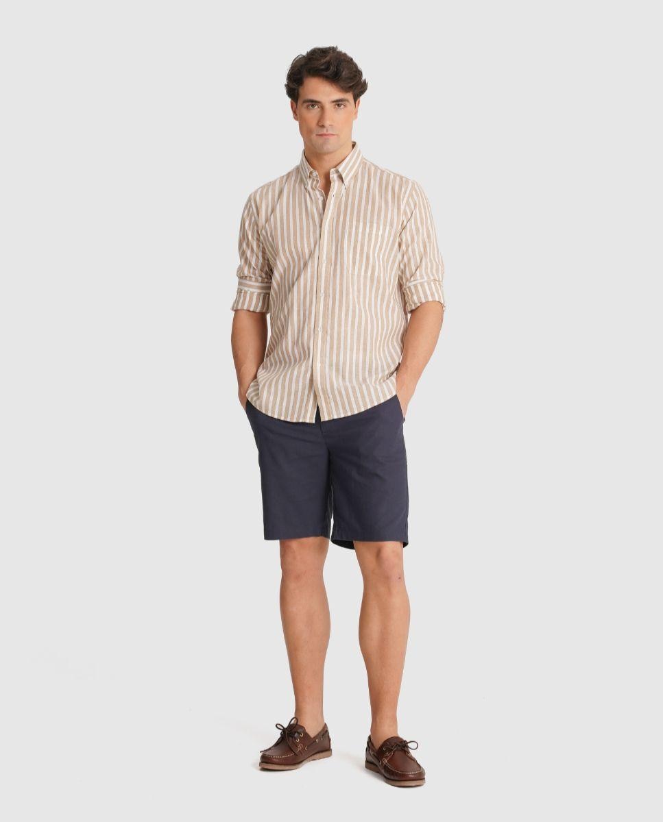 Camisa de Linho Às Riscas com Corte Regular Bege-1
