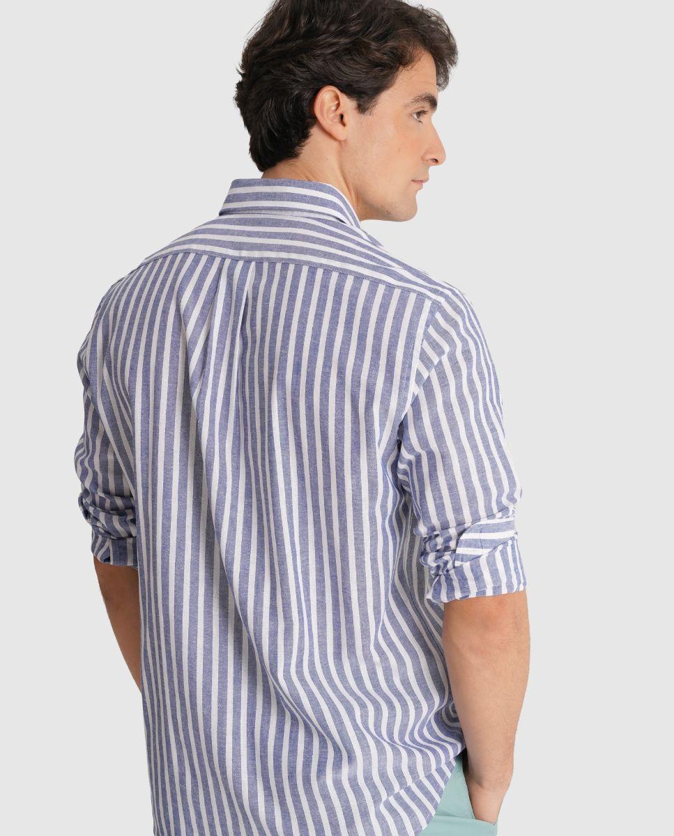 Camisa de Linho Às Riscas com Corte Regular Azul-2