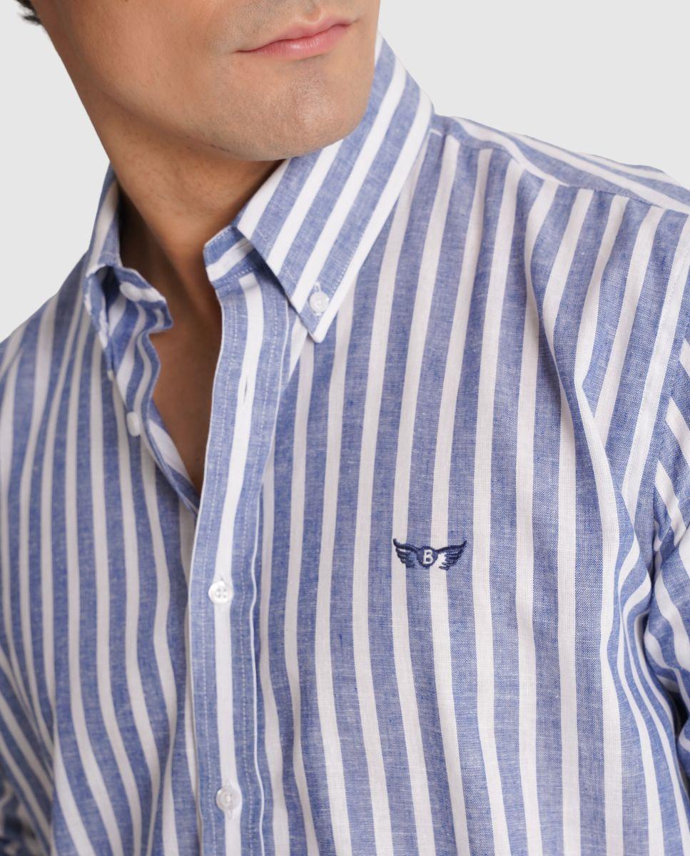 Camisa de Linho Às Riscas com Corte Regular Azul-3