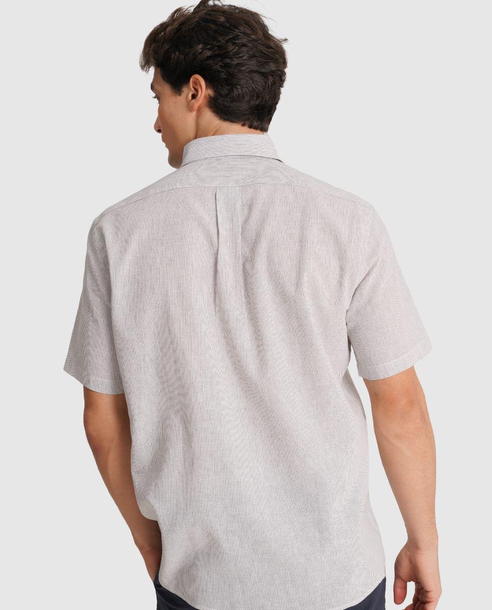 Camisa de Linho Às Riscas com Corte Regular Cinzento-2