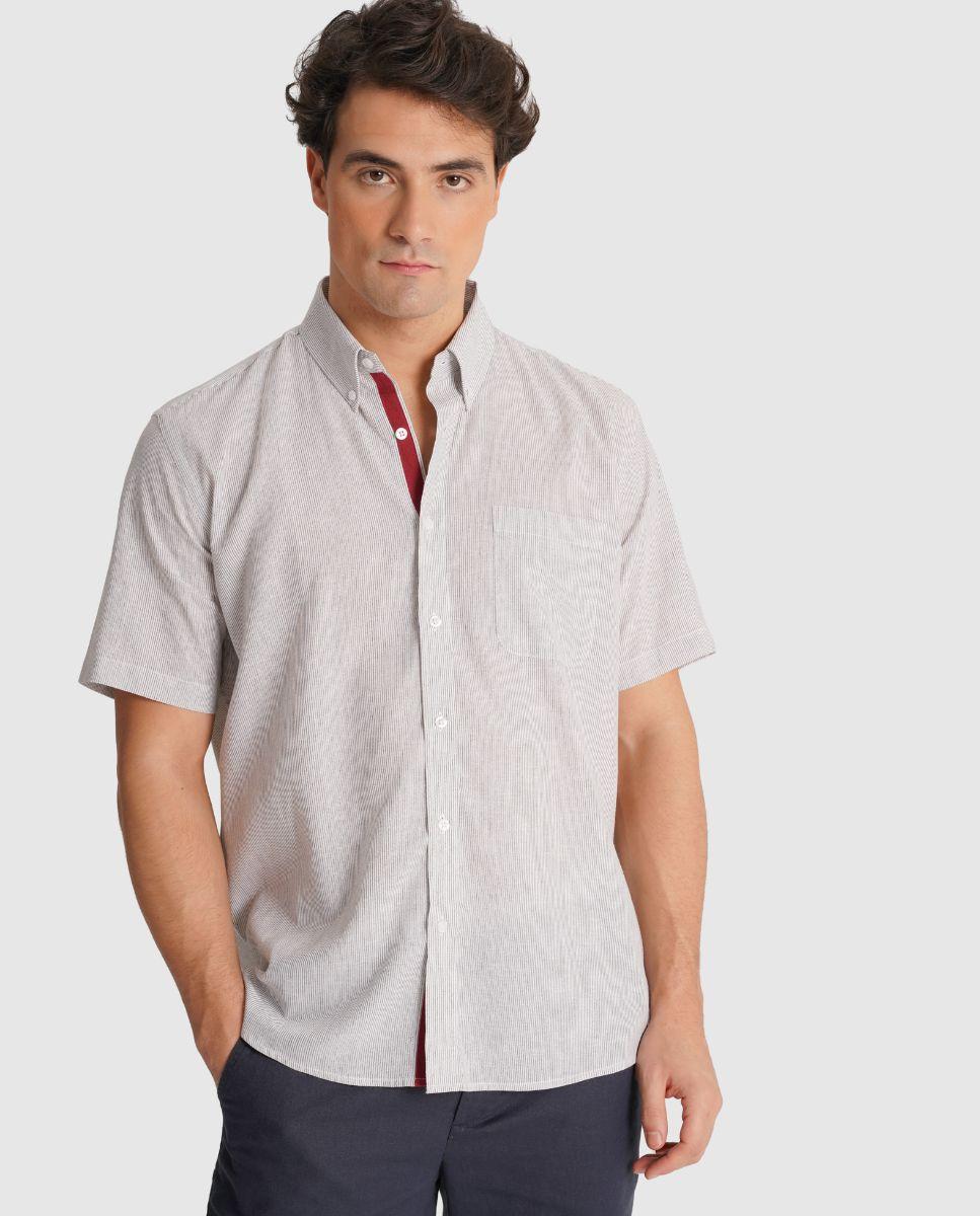 Camisa com Linho Às Riscas e Corte Regular Cinzento-1